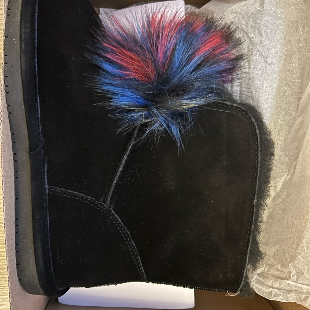 Black Boots with Multicolor Fur Pom (Pink & Blue)